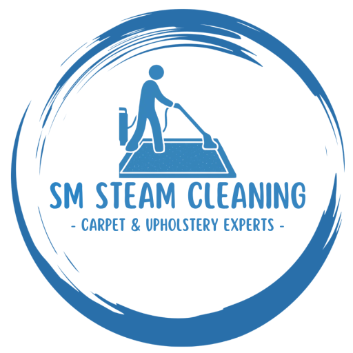Logo for SM Steam Cleaning featuring a person vacuuming a carpet inside a blue circular brush stroke.